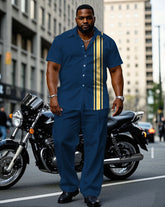 Men's Plus Size Fashion Blue & Yellow Simple Short Sleeve Shirt Pants Suit