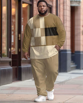 Men's Plus Size Khaki Colorblock Striped Geometric Print Long Sleeve T-Shirt Trousers Suit