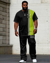 Men's Plus Size Casual Black & Green Chest Design Small Label Printed Short Sleeve T-Shirt Trousers Suit
