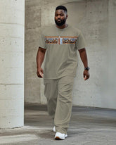 Men's Plus Size Daily Casual Khaki Color Matching Ethnic Style Printed T-shirt Trousers Suit