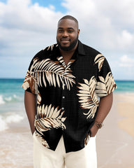 Men's Plus Size Hawaiian Black Art Leaf Print Short Sleeve Slub Shirt