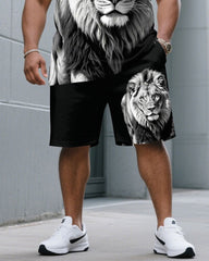 Big & Tall Men White & Black 3D Lion Print Round Neck Short Sleeve T-Shirt Shorts Suit