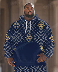 Men's Classical Retro Pattern Blue Plus Size Hoodie Suit