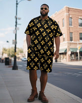 Big & Tall Men's Business Black And Yellow Color Block Diamond Printed Short Sleeve Polo Shirt Shorts Suit