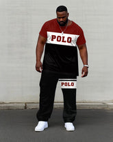 Men's Plus Size Black & Red & White Colorblock Printed Short Sleeve T-Shirt Trousers Suit