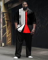 Simple Color-block Perspective Printed Long-sleeve Lel Shirt 2-piece Set Men's Plus Size