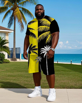 Men's Splicing Coconut Trees silhouette Printed Casual Big Size Short Sleeve T-shirt Shorts Set