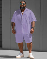 Big Men's Versatile Purple Solid Color Short Sleeve Shirt Shorts Set