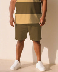 Big & Tall Men Khaki Thick Stripe Crewneck Short Sleeve T-Shirt Shorts Suit