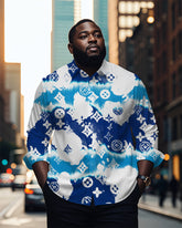 Men's Plus Size Business Blue Stripe Vignetting Diamond Geometric Print Long Sleeve Shirt