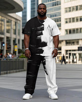 Big Guy’s White & Black Brush Chest Letter Print Short Sleeve T-Shirt Trousers Set