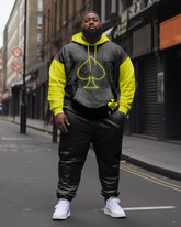 Men's Plus Size Casual Hip Hop Color Block Poker Scalloped Long Sleeve Hoodie Set