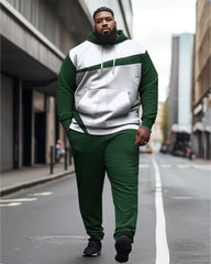 Big Men's Casual Sports Long Sleeve Color Block Green Hoodie Two Piece Set