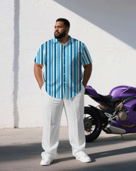 Big & Tall Men's Business Blue Striped Short Sleeve Shirt Trousers Suit