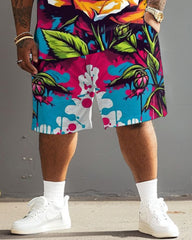 Men's Plus Size Street Fashion Graffiti Rose Print T-Shirt Shorts Set
