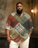 Big & Tall Men's Vintage Plaid Art Print Long Sleeve Bamboo Hemp Texture Shirt