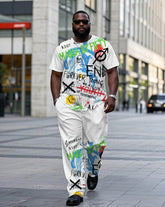 Men's Plus Size White & Street Graffiti Print Short Sleeve T-Shirt Trousers Suit