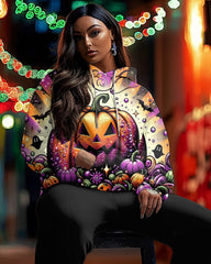 Colorful Halloween Pumpkin Print Hoodie Plus Size Set
