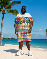 Big & Tall Men's Hawaiian Color Plaid Coconut Graffiti Print Round Neck Short Sleeve T-Shirt Shorts Suit