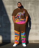Big Men's Casual Animal World Colorful Kangaroo Printed Crew Short Sleeve T-shirt Pants Set