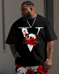 Rose Flower Skull Print T-shirt Trousers Set Men's Large
