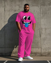 Big Men's Weird Face Cartoon Printed Outdoor 2-Piece Short Sleeve T-shirt Pants Set