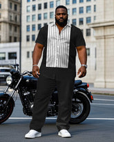Men's Plus Size Black Front Stitching Striped Fabric Short Sleeve Shirt Trousers Suit
