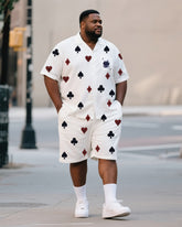 Big & Tall Men's Daily Leisure. Premium Sense Irregular Playing Card Heart Print Shirt Shorts Suit