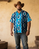 Men's Plus Size Retro Western Denim Blue Printed Short Sleeve Shirt