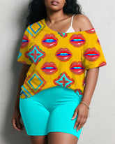 Women's Plus Size Daily Casual Graffiti Lips Geometric Print Short Sleeve Shorts Suit