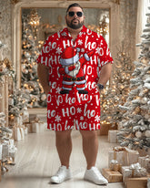 Big Men's Christmas Red Cartoon Letter Print Short Sleeve Shirt Shorts Set