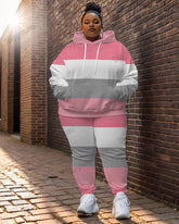 Women's Street Fashion Colorblock Print Plus Size Hoodie Suit