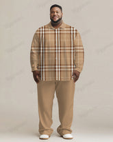 Men's Plus Size Daily Casual Classic Khaki Plaid Long Sleeve Shirt Trousers Suit