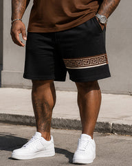 Big & Tall Men’s Coffee-White Color-Block Meander-Print Crew-Neck Short-Sleeve T-Shirt And Shorts Set