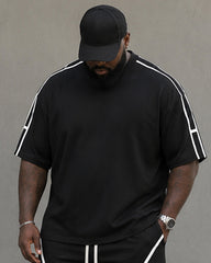 Big & Tall Men's Black And White Line Crown Print Round Neck Short Sleeve T-shirt Shorts Set