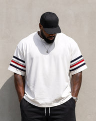 Big & Tall Men's White Red Blue Stripe Polo Print Round Neck Short Sleeve T-Shirt Shorts Set