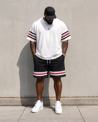 Big & Tall Men's White Red Blue Stripe Polo Print Round Neck Short Sleeve T-Shirt Shorts Set