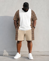 Big & Tall Men's Geometric Stitching Crown Print Round Neck Short Sleeve T-shirt Shorts Set