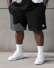 Big & Tall Men's Black And White Gray Gradient Wave Stitching Printed Round Neck Short Sleeve T-shirt Shorts Set