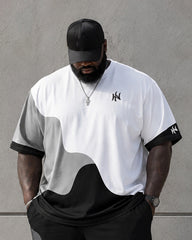 Big & Tall Men's Black And White Gray Gradient Wave Stitching Printed Round Neck Short Sleeve T-shirt Shorts Set