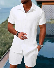 S-3XL Summer Jacquard Solid Color Shirt Shorts Two-piece Set