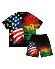 Big & Tall Men's Reggae Color African Totem American Flag Print Round Neck Short Sleeve T-Shirt Shorts Set