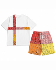 Big & Tall Men's Paisley Patchwork Printed Crewneck Short Sleeve T-Shirt Shorts Set