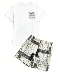 Big & Tall Men's Paisley Pocket Patchwork Printed Round Neck Short Sleeve T-Shirt Shorts Set