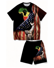 Big & Tall Men's Reggae Color Matching African Map Fist American Flag Printed Crewneck Short Sleeve T-Shirt Shorts Set