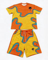 Big & Tall Men's Color Contrast Wave Coconut Tree Print Round Neck Short Sleeve T-Shirt Shorts Set