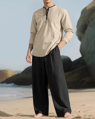 S-3XL Linen Breathable Long Sleeve Trousers Beach Suit