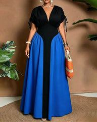 L-4XL Simple V-neck Solid Color Stitching Waist Mid-length Dress