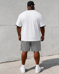 Big & Tall Men's Contrast Black Pony Stripe Print Crewneck Short Sleeve T-Shirt Shorts Set