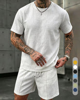 S-3XL Summer Men’s Linen Round-Neck Short-Sleeve Shorts Set For Vacation